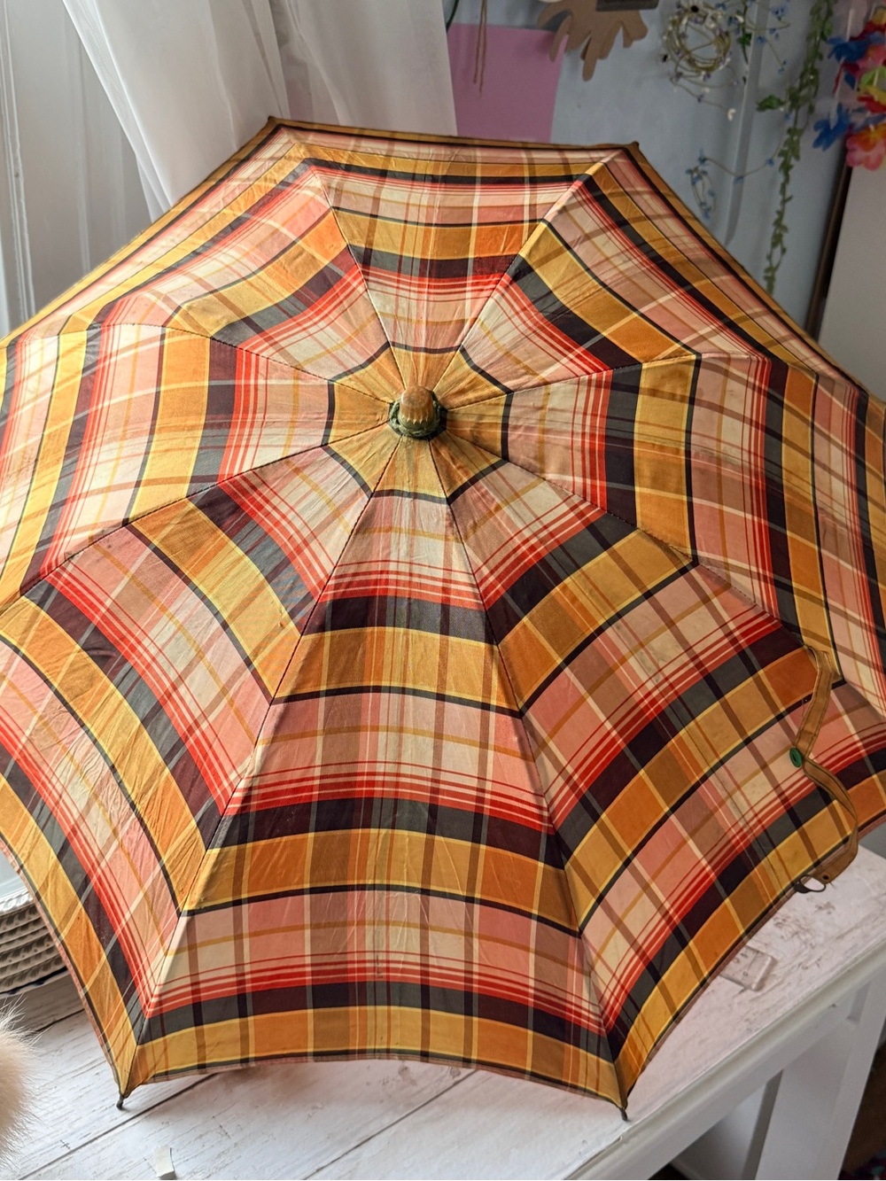 Vintage Plaid Umbrella in Brown, Tan & Gold Tones - Picture 5 of 11